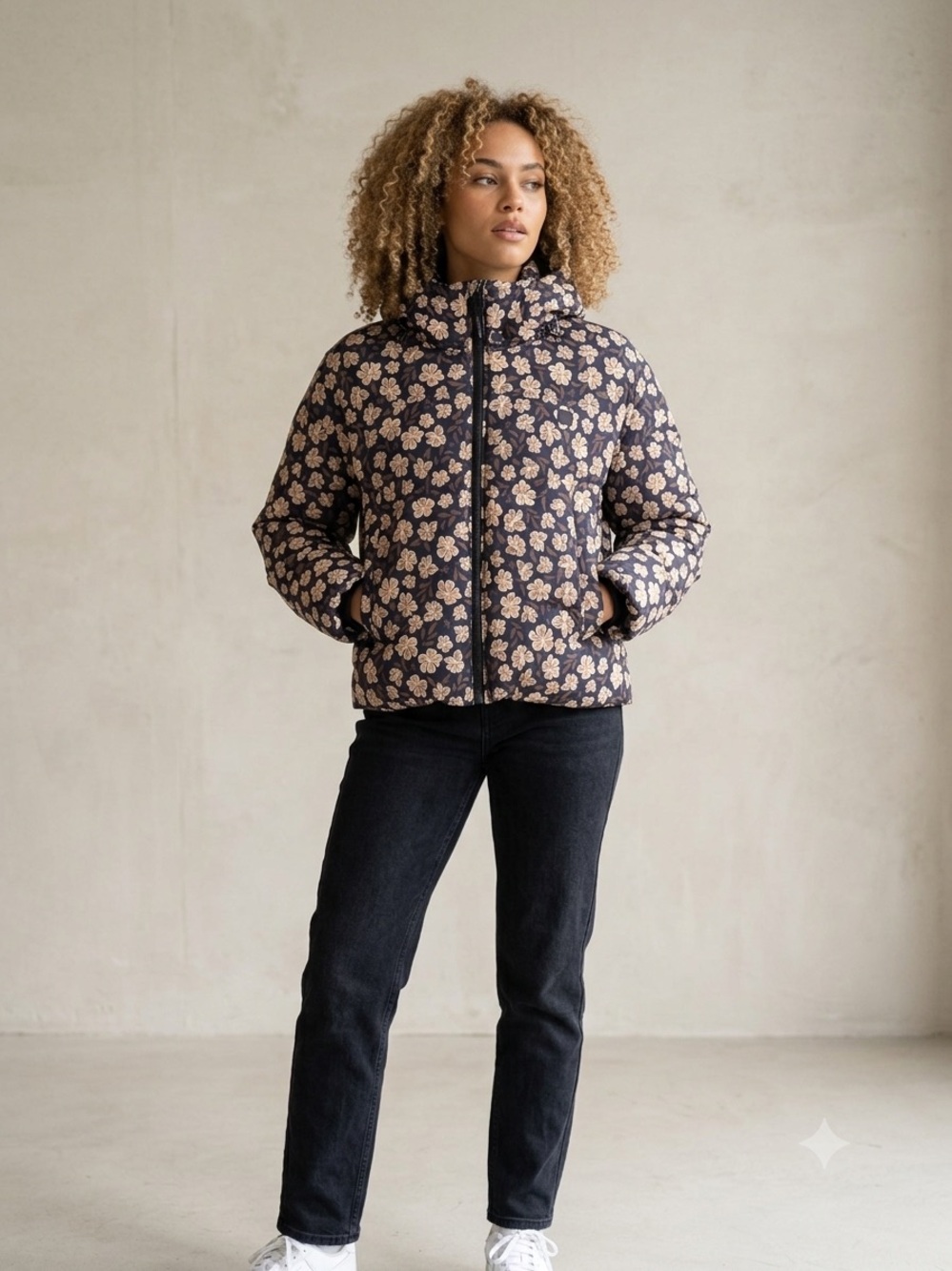 Rip Curl Black Puffer Jacket with Cream Floral Print